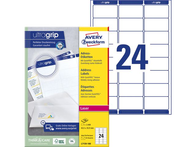 AVERY ZWECKFORM Etikett UltraGrip 63,5x33,9mm 2400/fp | Emballage och lagerutrustning - Etiketter och godsmärkning - Adressetiketter | Kontorsexperten