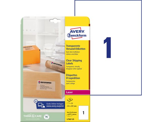 AVERY Etikett transparent 210x297mm 25/fp | Emballage och lagerutrustning - Etiketter och godsmärkning - Specialetiketter | Kontorsexperten