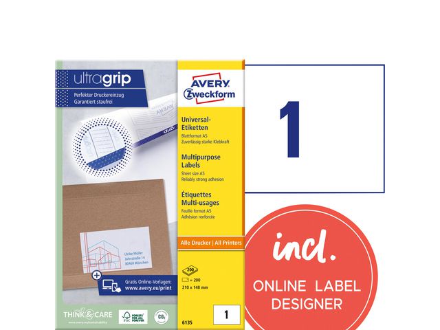 AVERY Etikett A5 210x148mm 200/fp | Emballage och lagerutrustning - Etiketter och godsmärkning - Multifunktionsetiketter | Kontorsexperten