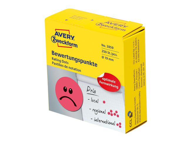 AVERY Etikett Unhappy smiley röd 19mm 250/fp | Emballage och lagerutrustning - Etiketter och godsmärkning - Specialetiketter | Kontorsexperten