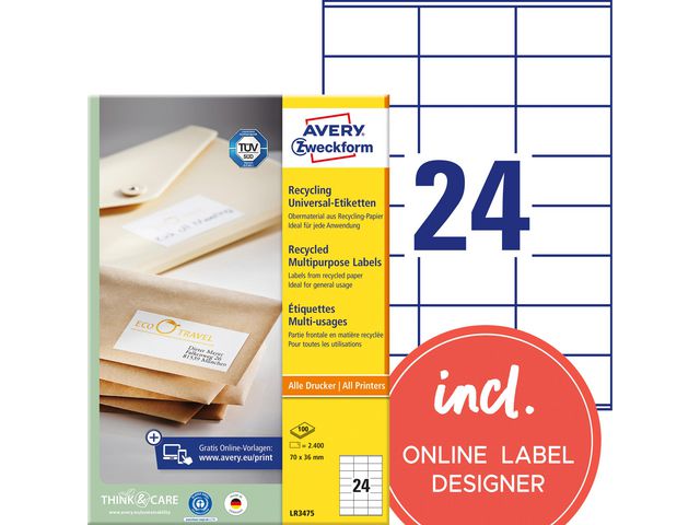AVERY Etikett återvunnen 70x36mm 2400/fp | Emballage och lagerutrustning - Etiketter och godsmärkning - Multifunktionsetiketter | Kontorsexperten