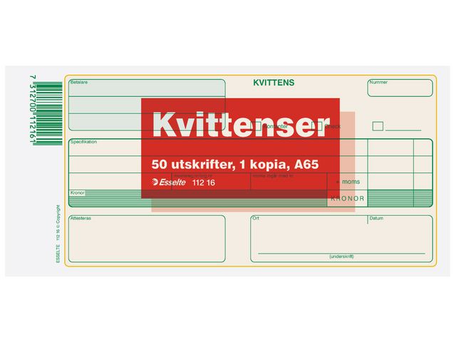 Esselte Blankett Kvittens A65 2x50 blad | Kontorsmaterial - Blanketter och bokföring - Blanketter | Kontorsexperten