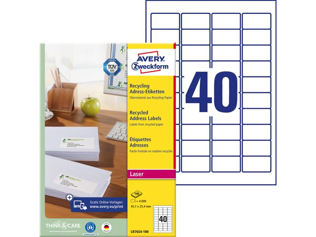 AVERY Etikett återvunnen 457x254mm 4000/fp | Emballage och lagerutrustning - Etiketter och godsmärkning - Adressetiketter | Kontorsexperten