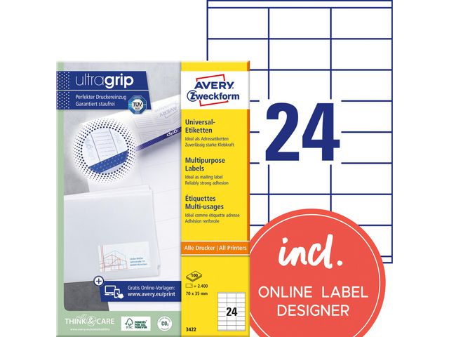 AVERY Etikett UltraGrip 70x35mm 2400/fp | Emballage och lagerutrustning - Etiketter och godsmärkning - Multifunktionsetiketter | Kontorsexperten