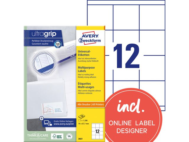 AVERY Etikett UltraGrip 70x67,7mm 1200/fp | Emballage och lagerutrustning - Etiketter och godsmärkning - Multifunktionsetiketter | Kontorsexperten