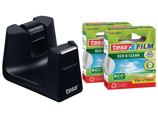 Produktfoto för tesa® Tejphållare Easy Cut® SMART, svart, med 2 rullar tesafilm® Eco & Clear-tejp, 19 mm x 33 m, 53905