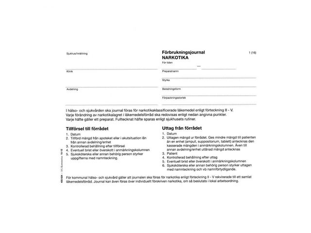 Häfte Narkotikajournal A5 | Sjukvård och omsorg - Diagnos och behandling - Blanketter och journalerer | Kontorsexperten