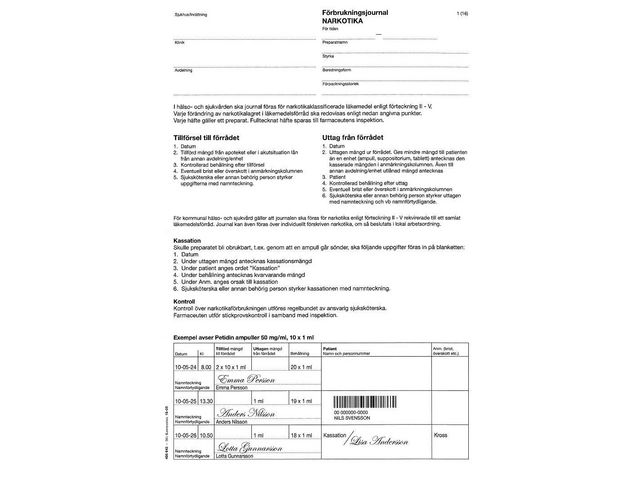 Häfte Narkotikajournal A4 | Sjukvård och omsorg - Diagnos och behandling - Blanketter och journalerer | Kontorsexperten