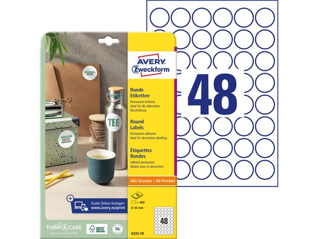 AVERY Etikett papper 30mm vit 480/fp | Emballage och lagerutrustning - Etiketter och godsmärkning - Specialetiketter | Kontorsexperten