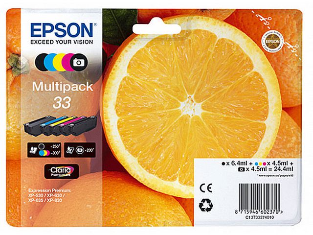 Epson Bläckpatron, svart, cyan, magenta, multiförpackning, C13T33374011 | Toner och bläck - Bläckpatroner - Bläckpatroner Epson | Kontorsexperten