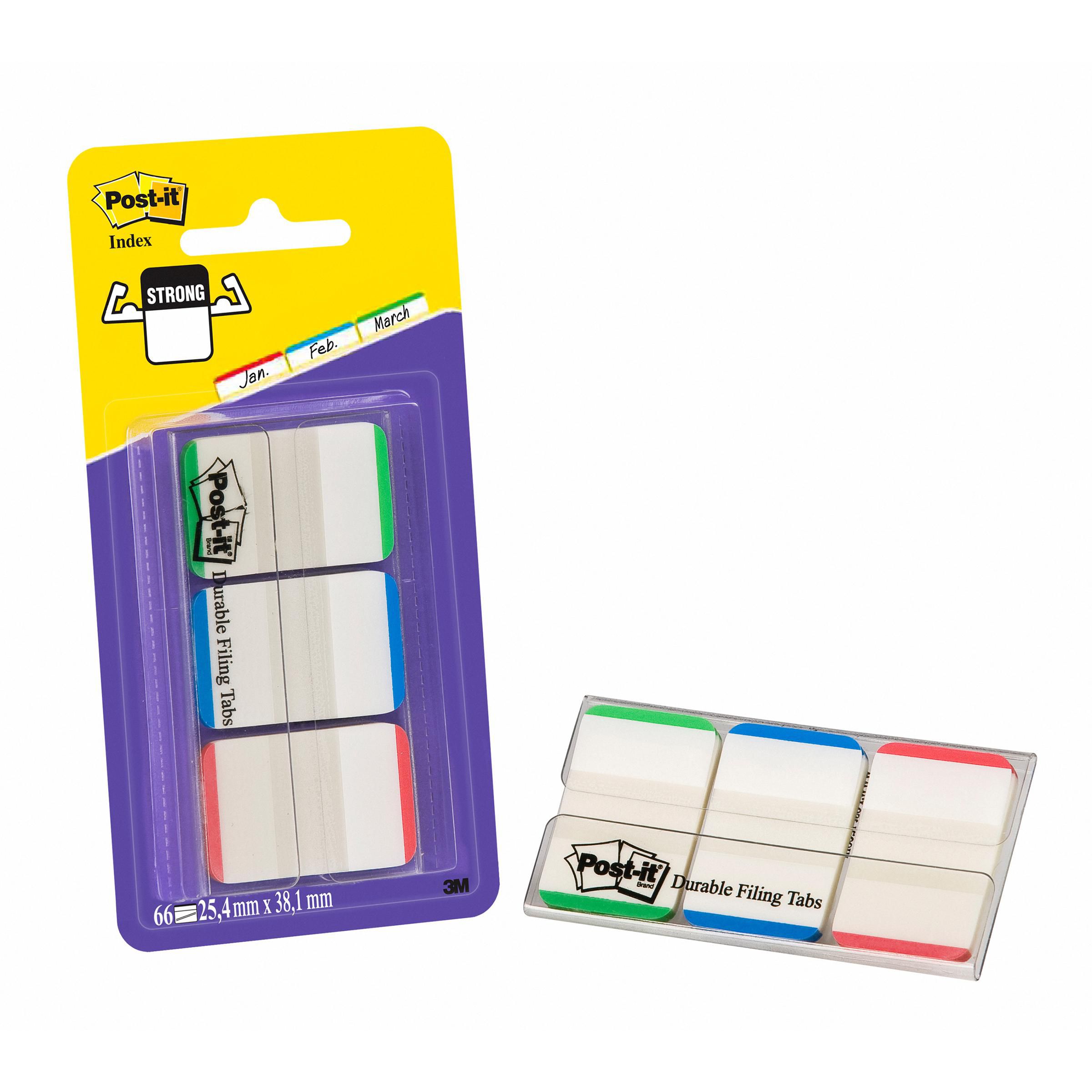 Post-it® Indexflikar Strong, små, 25,4 x 38mm, i olika färger, 3 x förpackningar med 22, med hylshållare 686-GLBR