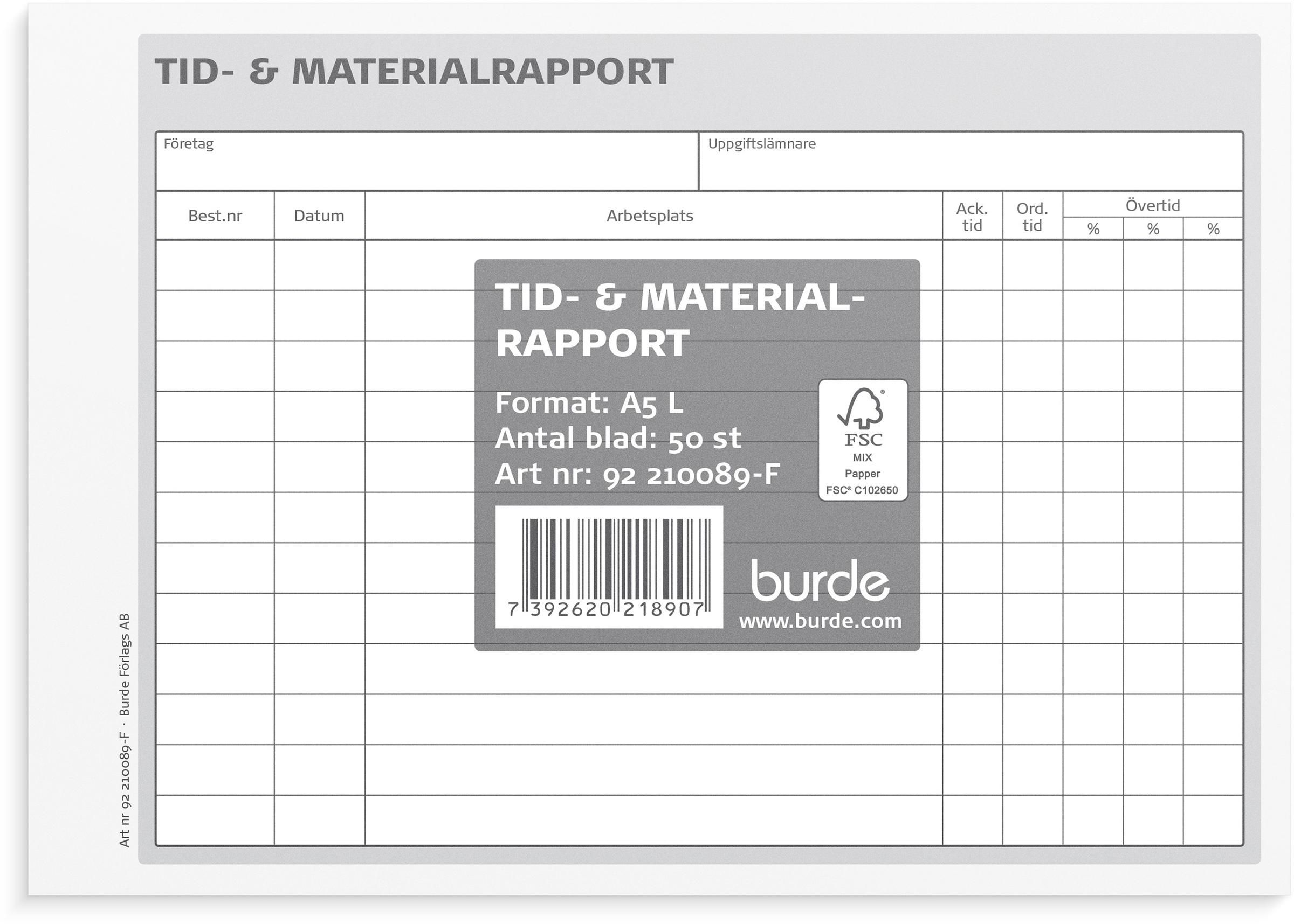 Burde Blankett tid- och materialrapport A5L