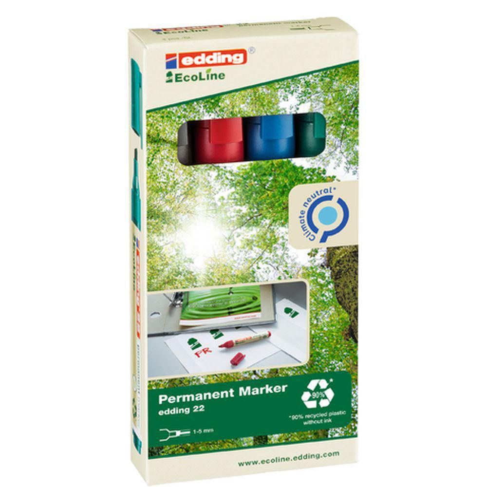 Produktfoto för edding Märkpenna 22 EcoLine permanent snedskuren spets, 1–5 mm, olika färger: Svart, röd, blå, grön