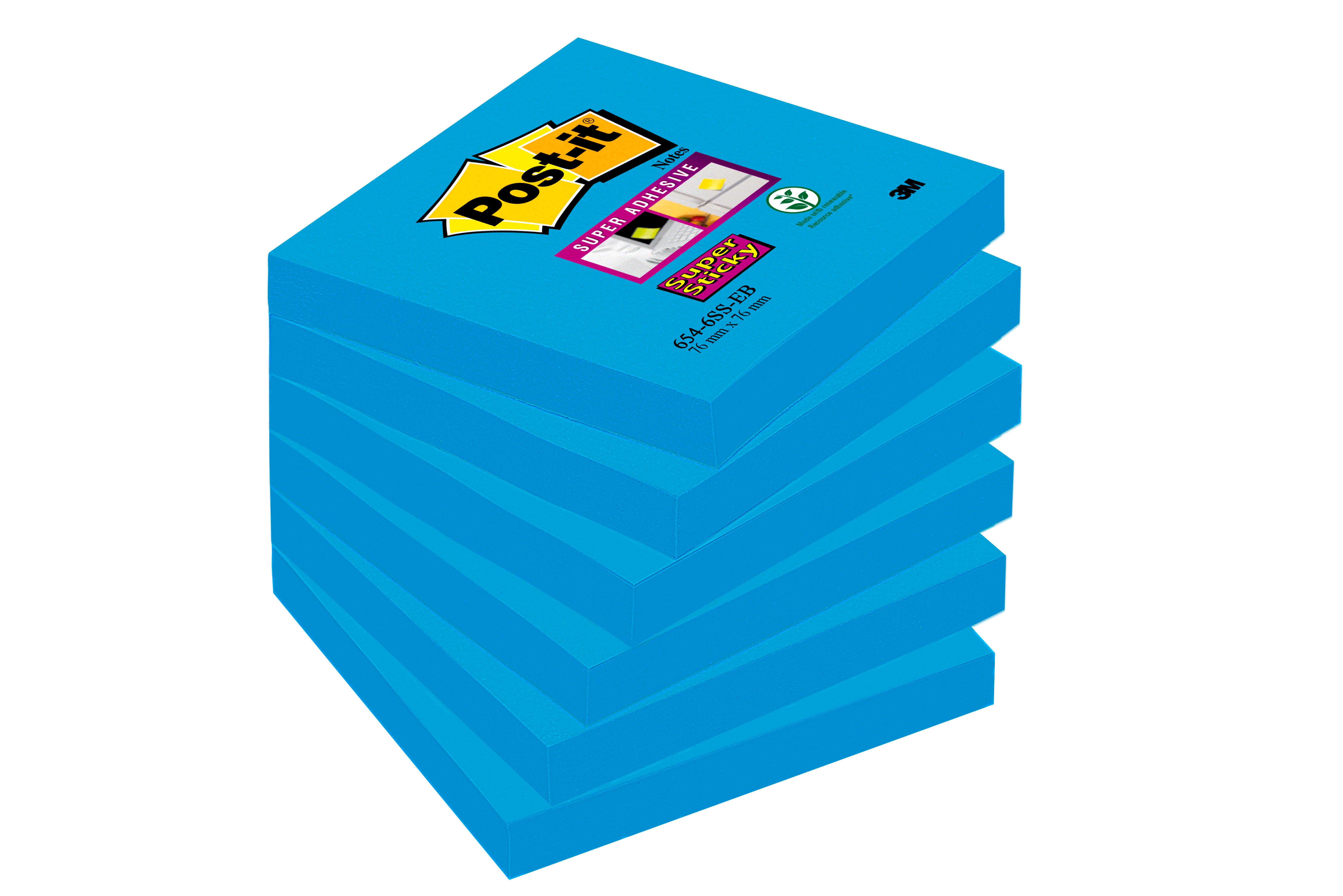 Post-it® Super Sticky-notislappar 76 x 76 mm, Electric Blue, 90 blad, 654-6SP-EB