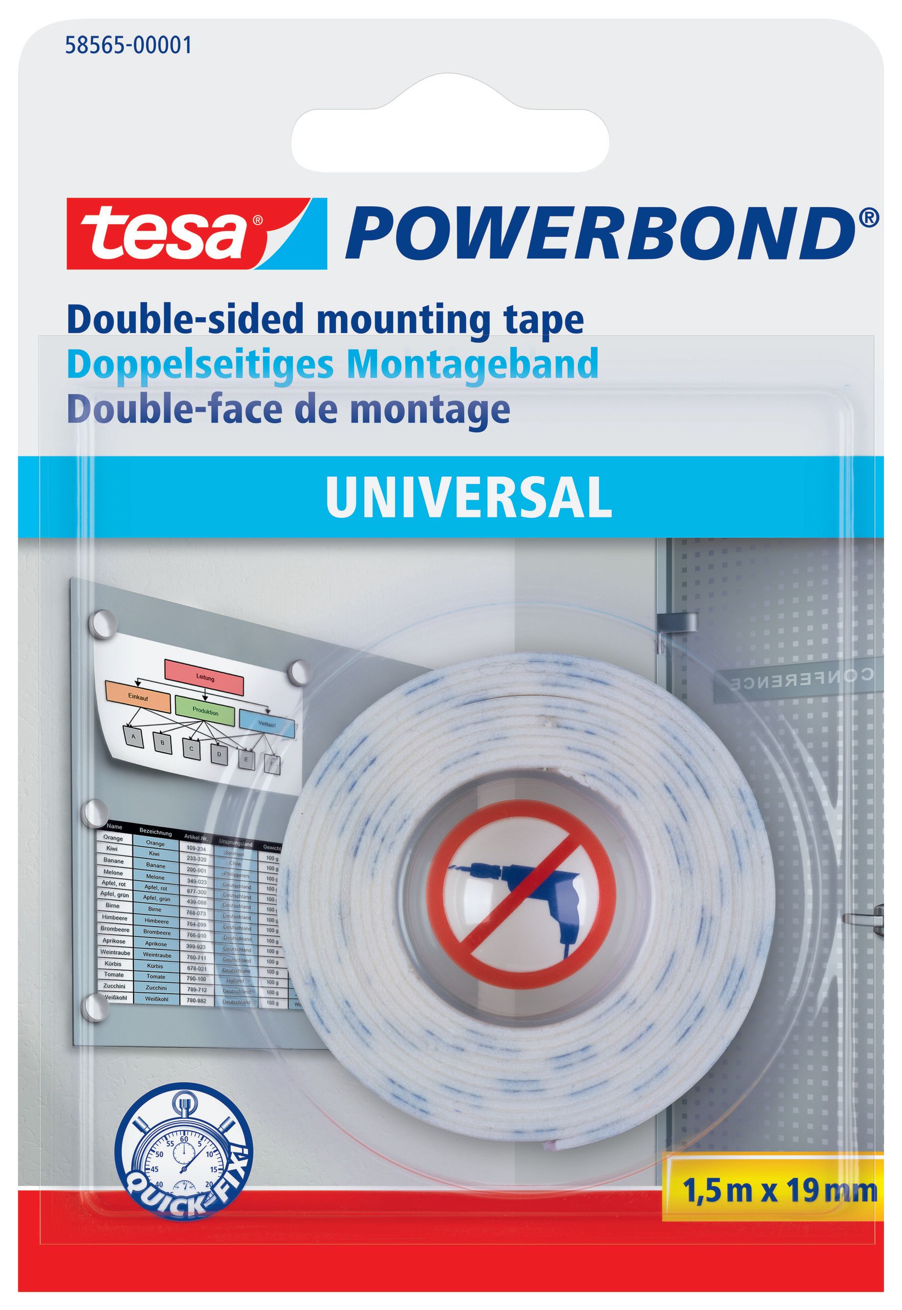 Produktfoto för tesa® Dubbelsidig fästtejp, Powerbond® Universal, vit, 19 mm x 1,5 m, 58565