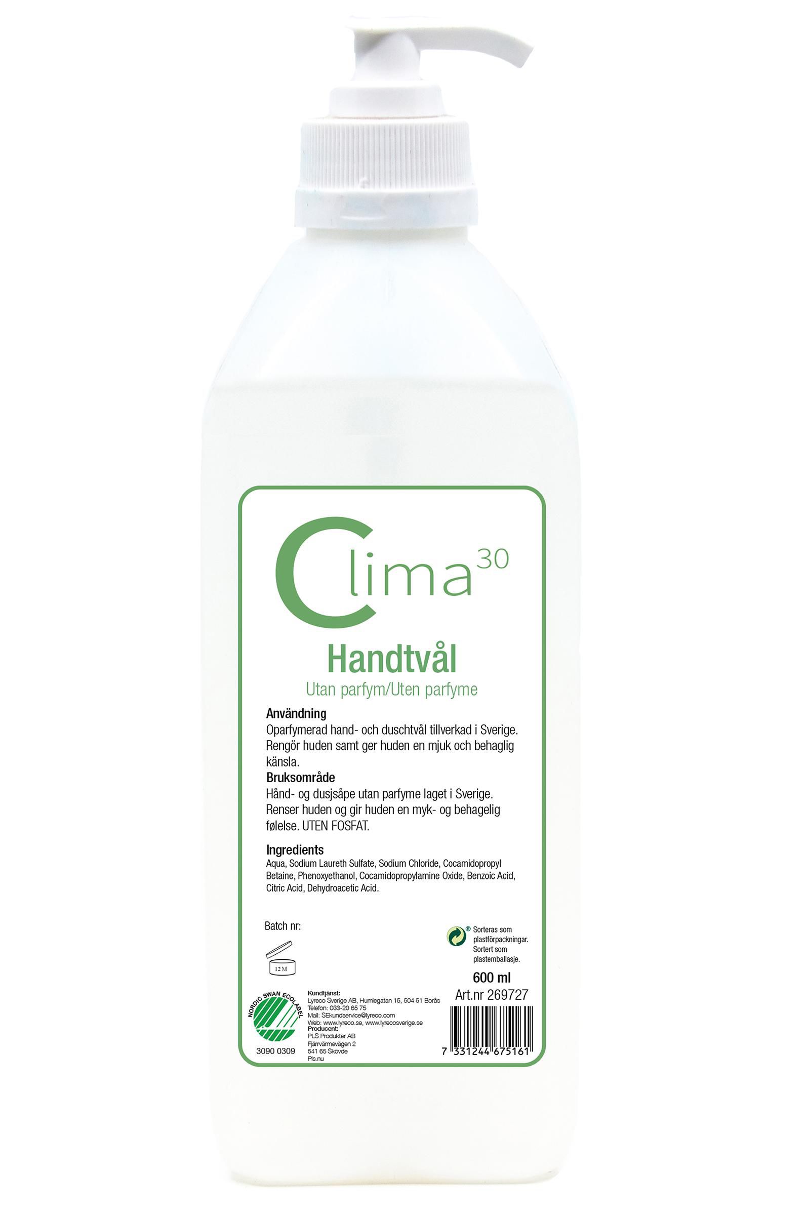 CLIMA30 Handtvål med pump oparfymerad 600ml