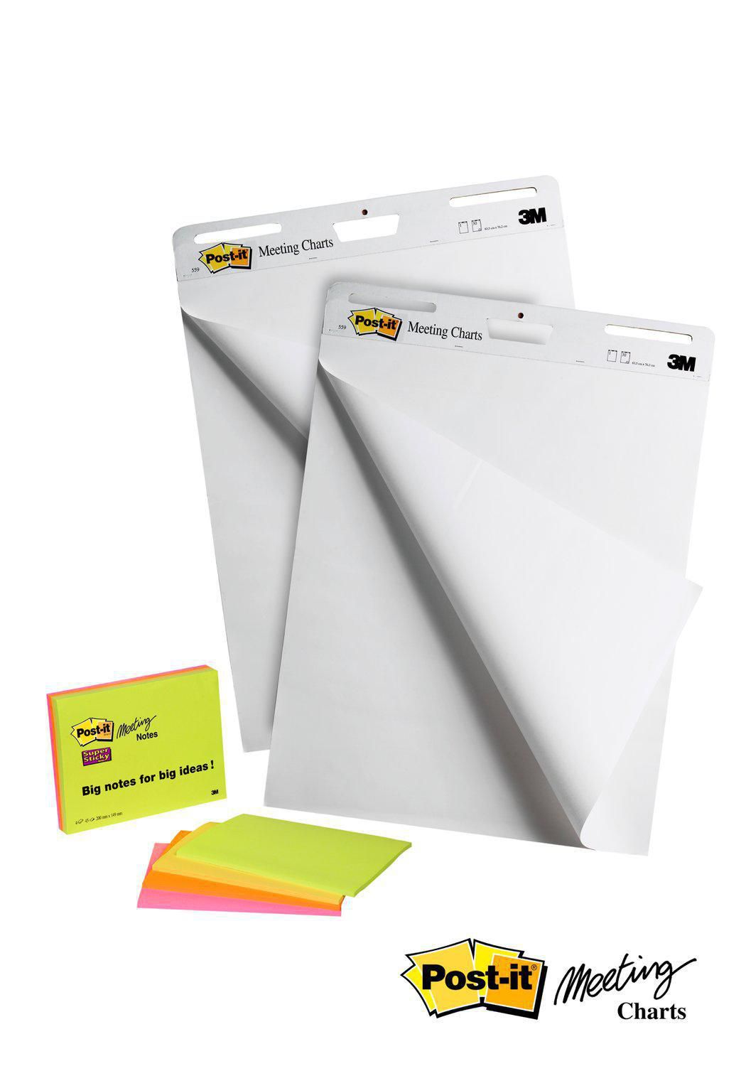 Produktfoto för Post-it® Super Sticky-staffliblock, 635 mm x 762 mm, 30 ark, vanligt vitt papper, + 4 meeting notes på köpet