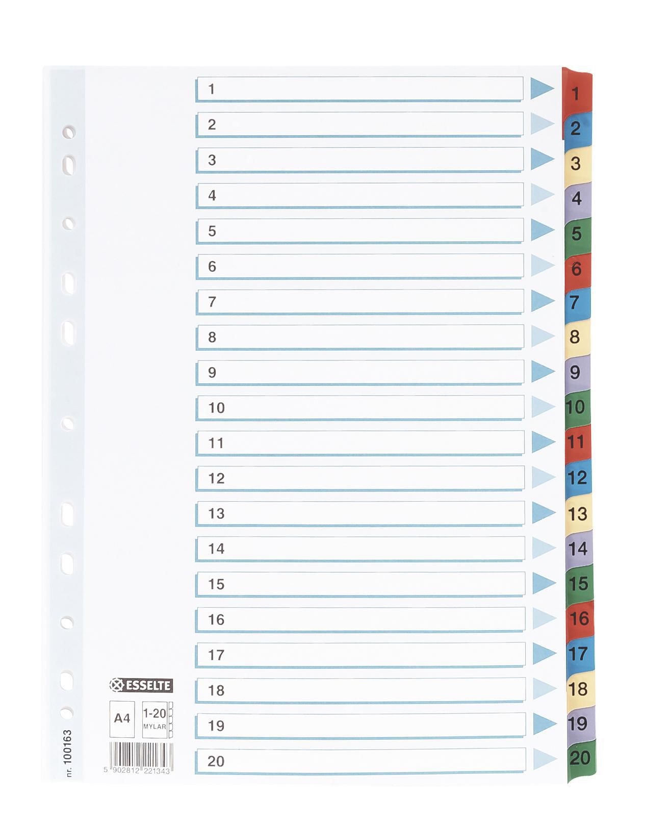 Produktfoto för Esselte Indexavdelare, A4, kartong och polypropylen, 1–20 flikuppsättning, olika färger