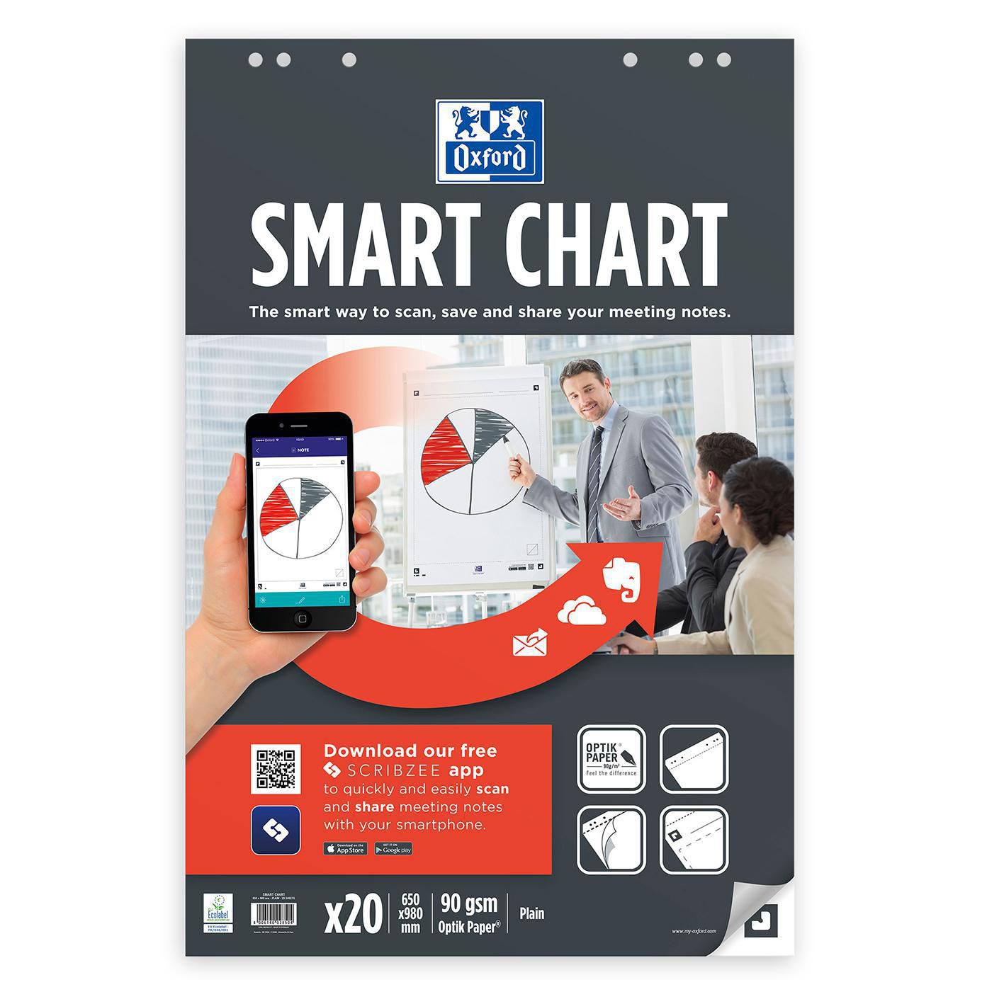 Produktfoto för Oxford Blädderblock SmartChart, tomt, 20 ark, 90 g/m², 6 hål, 650 x 980 mm, vitt