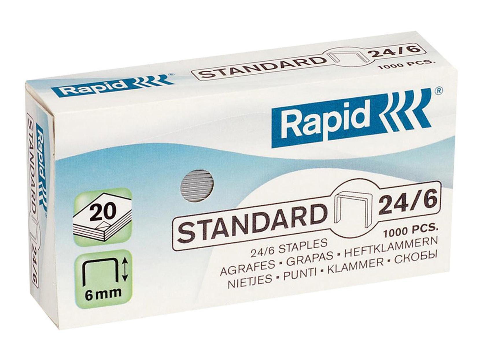 Produktfoto för Rapid Häftklammer Standardklamrar (24/6), 6 mm benlängd, galvaniserat stål