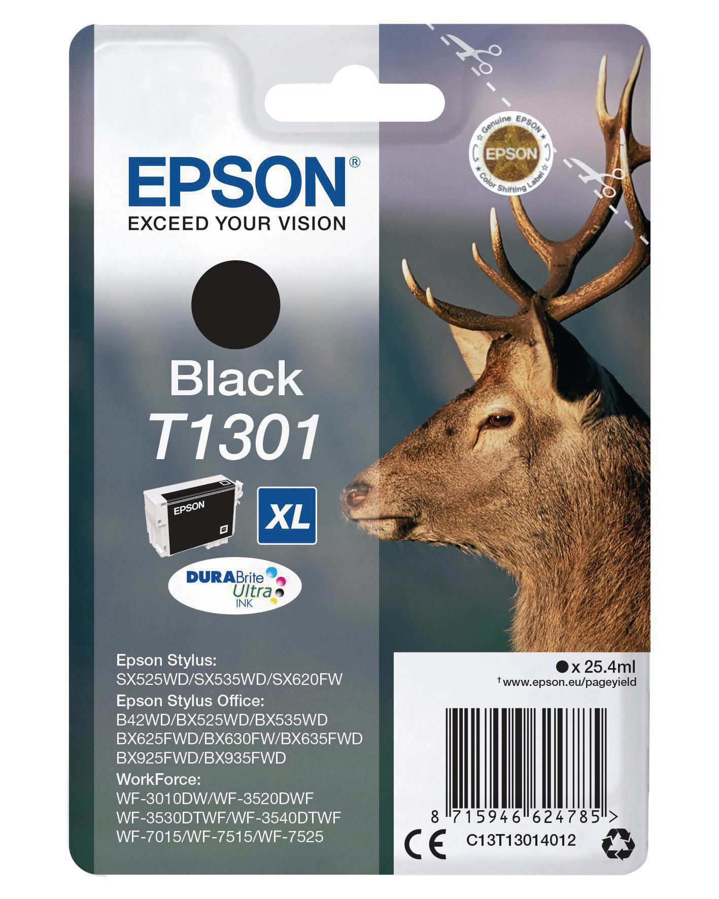 Produktfoto för Epson Bläckpatron T1301, C13T13014012, Stag, DURABrite Ultra-bläck, svart, singelförpackning, hög kapacitet