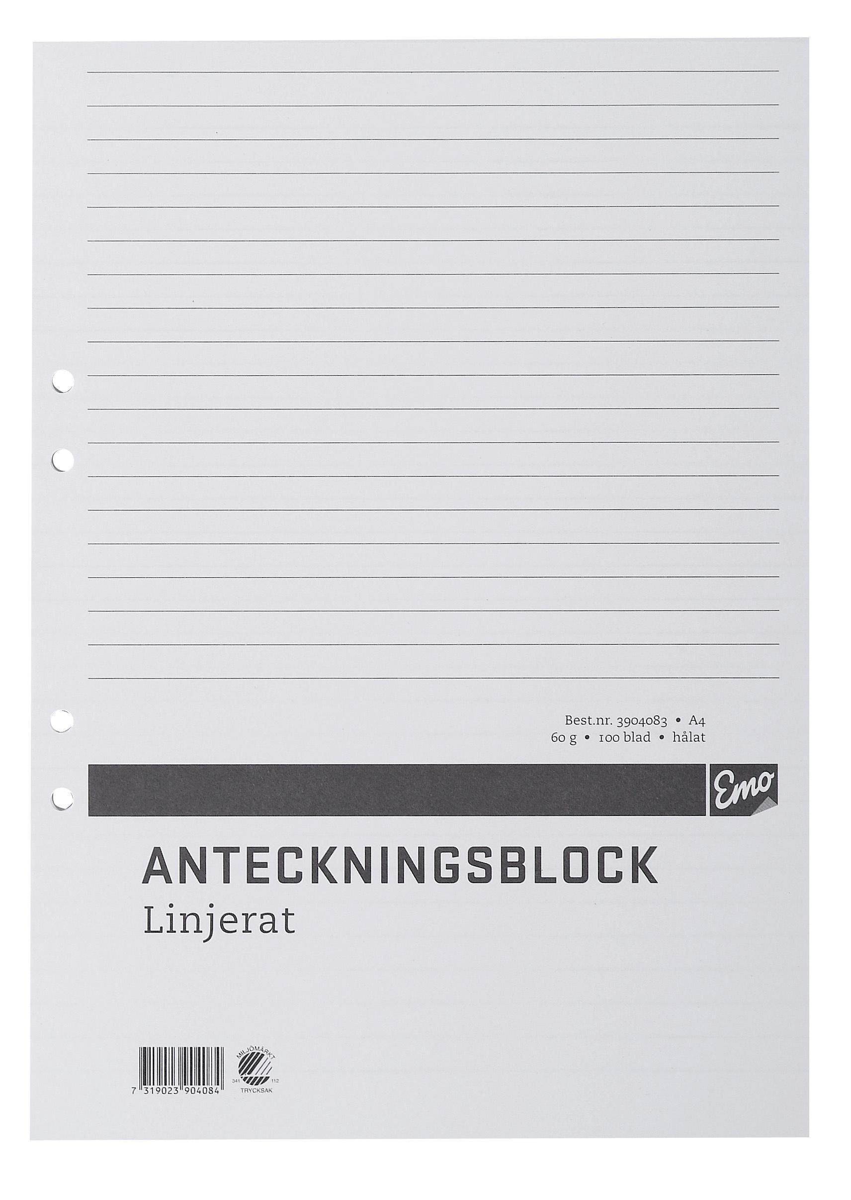 Anteckningsblock A4 100 blad linjerat hålat TräFritt, st