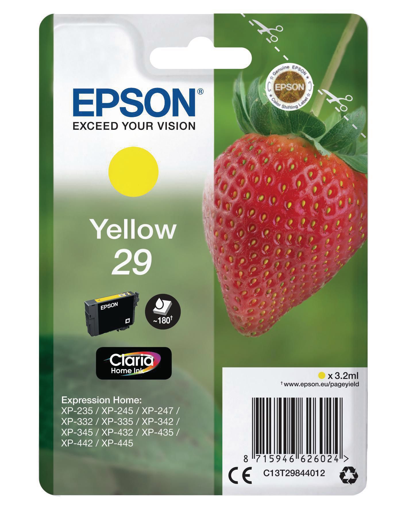 Produktfoto för Epson Bläckpatron 29, C13T29844012, Strawberry, Claria Home-bläck, gul, singelförpackning