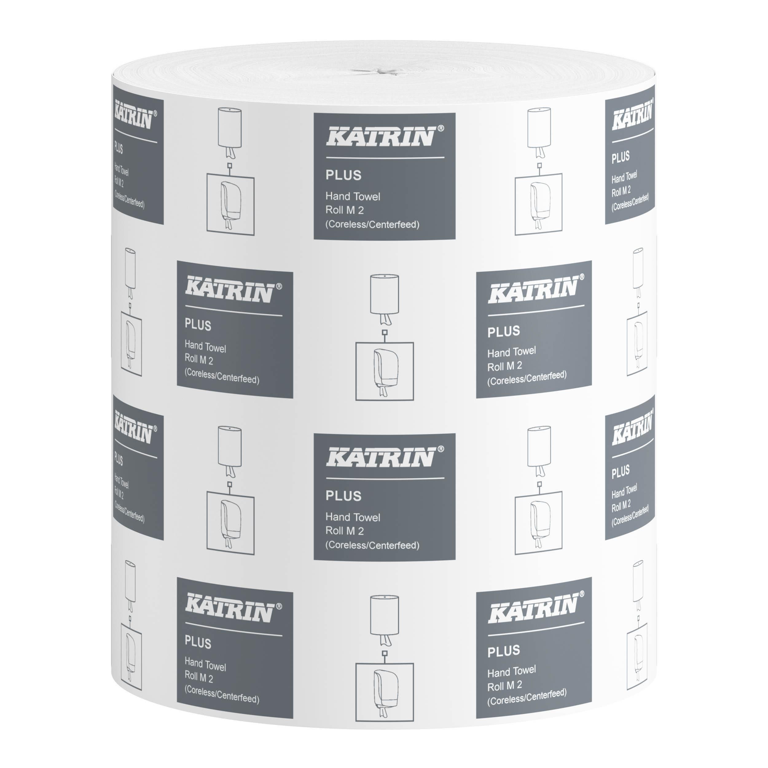 KATRIN Torkrulle Plus M2 2-lagers, 478 ark, utan hylsa, 230 mm, vita, rulle om 167 m